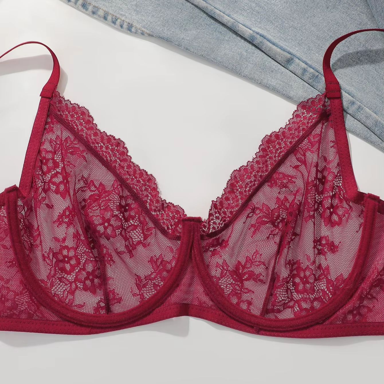 Women Plus Size Red Lace Sheer - Sheer Bra Lace ulasan dan harga